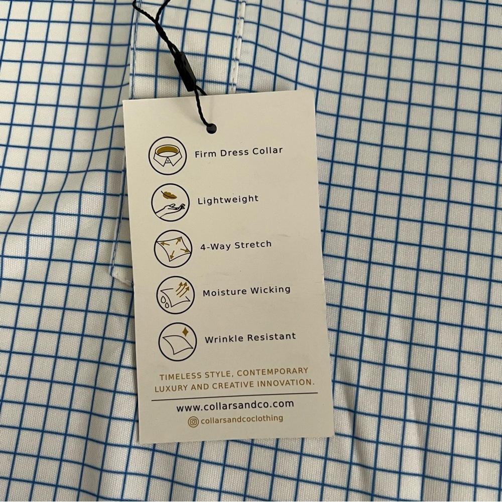 Collars & Co. Dress Collar Polo NWT Size Medium White Blue Check Short Sleeve - Picture 7 of 11